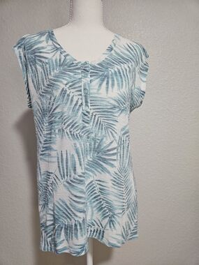 Women’s Teal Palm Print Cap Sleeve Top